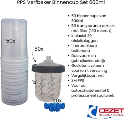 Verfbeker PPS Binnencup Set 600ml – 190 Micron – transparant – 50 Cups + Deksel + Plugs + Buitencup – Vergelijkbaar met 3M – Autoschadeherstel – Duurzaam