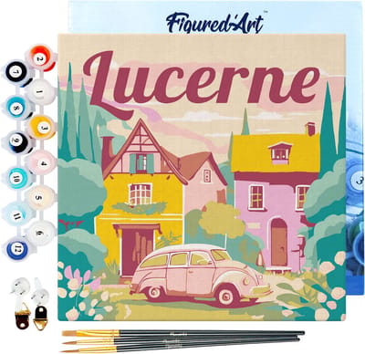 Figured'Art Mini Schilderen op Nummer Volwassenen 20x20cm met lijst Reisposter Luzern - Klein Formaat Creatieve Hobby Kit DIY Art Nummer Compleet