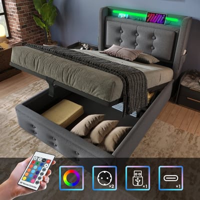 Gestoffeerd bed 90x200, eenpersoonsbed met LED-hoofdbord en USB-C-oplaadfunctie, hydraulisch bed met houten lattenbodem en metalen frame, draagvermogen 150 kg, grijs, katoen (exclusief matras)