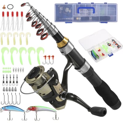 Combos Canne à Pêche et Moulinet Canne à Pêche Télescopique avec Kit Combo Moulinet Spinning Ligne de Pêche Leurres Hameçons Émerillons Set gray