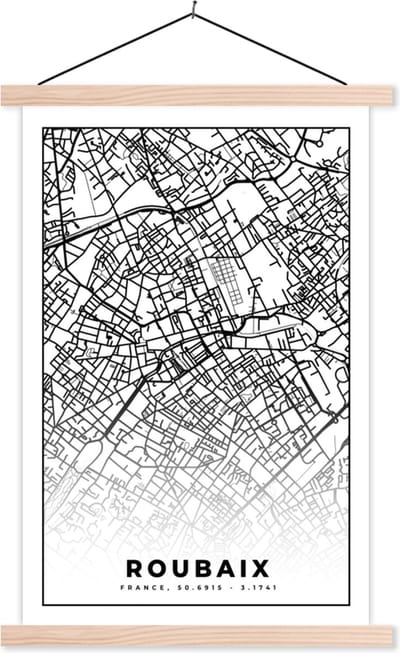 Posterhanger incl. Poster 40x60 cm - Schoolplaat - Kaart - Roubaix - Stadskaart - Frankrijk - Plattegrond - Zwart wit - Textielposter - Blanke latten - Stadskaart