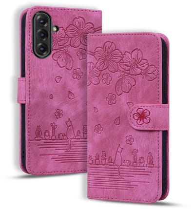 BookCover Hoes Etui geschikt voor Samsung Galaxy A37 - A36 - A56 - Roze - Bloemen Kat - Reliëf