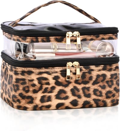 Grote 2-in-1 Make-up Tas voor Vrouwen, Waterdicht en Met Borsteltas, Ideaal voor Reizen, Leopard Patroon en Transparant Design, Perfect voor Cosmetica en Accessoires