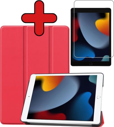 Hoesje - Geschikt voor Apple iPad 9 (2021) - 10.2 inch - 9e Generatie - Met Screenprotector - Hardcover Book Case - Trifold Bookcase Hoes - Hard Cover - Tablethoes - Rood