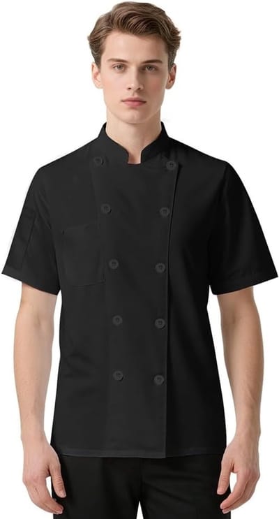 Korte Mouwen Koksjas voor Professionele Koks, Stijlvolle Kookkleding in Wit en Zwart, Comfortabel en Duurzaam