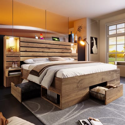 Houten Tweepersoonsbed 180x200 cm - LED, USB-C en Lades met Zwevende Nachtkastjes - Eikenlook - Zonder Matras