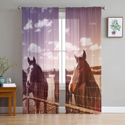 Zwart Wit Paard Aquarel Print Tule Doorschijnend Raamopening Gordijnen voor Woonkamer Keuken Kinderkamer Ruimte Voile Hanggordijn 1 PCS W100XH250cm&Rod Pocket