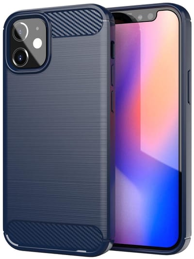 Cadorabo Hoesje geschikt voor Apple iPhone 12 MINI in BRUSHED BLAUW - Beschermhoes van flexibel TPU siliconen in roestvrij staal-carbonvezel look Case Cover