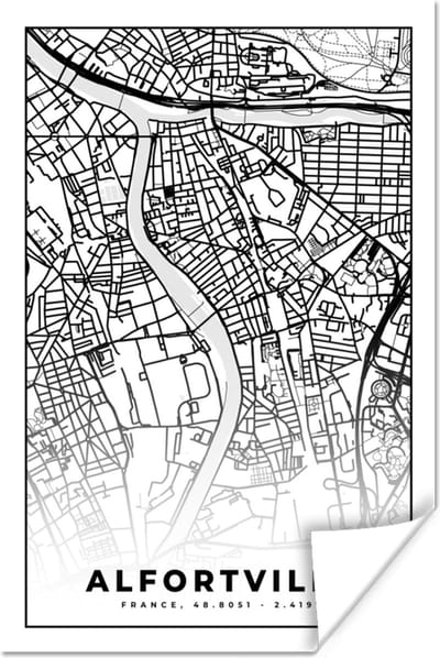 Poster Stadskaart - Frankrijk - Kaart - Plattegrond - Alfortville - Zwart wit - 120x180 cm XXL