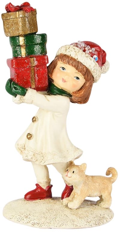 Dekoratief | Wintermeisje m/cadeautjes/poes, wit/rood, resina, 9x6x15cm | A255704