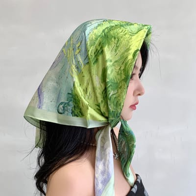 Dames Sjaal - Sjaals - Stola - Vierkante doek - Elegant Stijlvol Dames haar sjaal - Satijn zijde - Hals sjaaltje - Sjaaltje Satijn - Neksjaaltje - Omslagdoek Modesjaals - Neksjaal - Klein Sjaaltje -Groene olieschilderijen-70*70CM