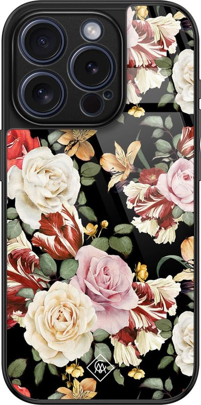 Casimoda® hoesje - Geschikt voor iPhone 15 Pro - Bloemen flowerpower - Luxe Hard Case Zwart - Backcover telefoonhoesje - Paars