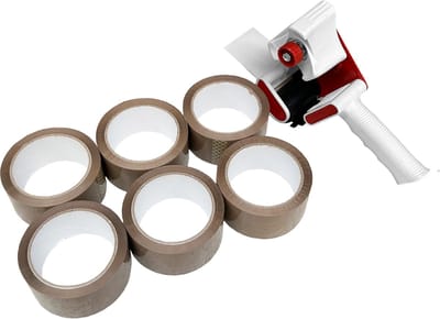 Kortpack - 6 Rollen Bruine PP- Acryl Tape - 50mm breed x 66mtr lang + Tapedispenser - Plakband - Dozensluiter - (020.0824 )