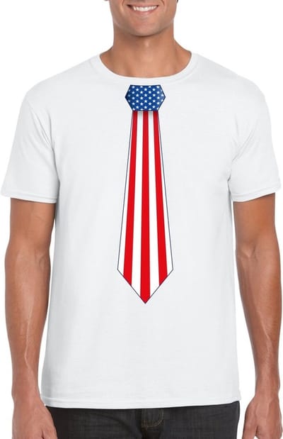 Wit t-shirt met Amerikaanse vlag stropdas heren - Amerika supporter S