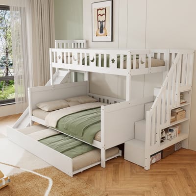 MODENUIT Kinderstapelbed 90x200/140x200 cm – Met Uitschuifbed, Glijbaan & Opbergtrap – Zonder matras – Massief hout – Wit