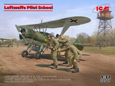ICM Modelbouwpakket Vliegtuigen - 32017 Luftwaffe Pilot School - Henschel Hs 123A met 3 Figuren WWII - Duits Propellervliegtuig Plastic - 1:32 - Modelbouw