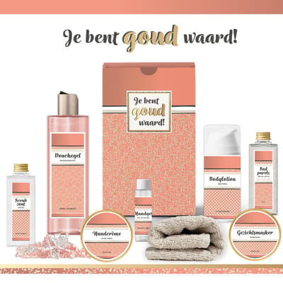 Geschenkset “Je bent goud waard!” - 8 producten - 750 gram | Luxe Cadeaubox voor haar - Wellness Pakket Vrouw - Giftset deluxe Verjaardag - Moederdag - Kerstpakket Gift Kerst - Bedankt Cadeau - Collega Moeder Vriendin Vrijwilliger Zorgwerker - Roze