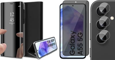 Hoesje geschikt voor Samsung Galaxy A55 - Privacy Screenprotector Volledig Dekkend Glas & Camera - Spiegel Book Case Zwart