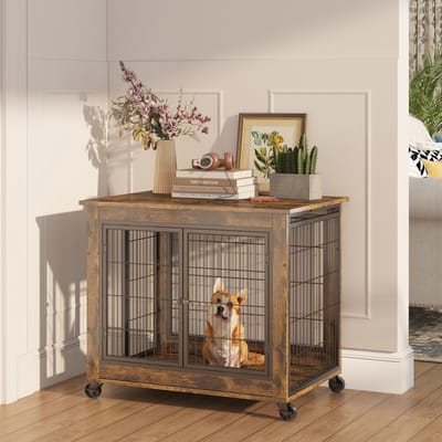 PHOEBE CAT Hondenbench - Houten meubelstijl - Verwijderbaar dakpaneel - Binnenkennel - Met wieltjes - 80 x 56 x 69.5 cm - Bruin