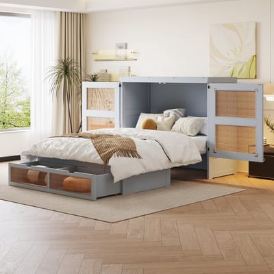 DESMIU Opklapbed 140x200 cm – Ruimtebesparend Wandbed Met Lattenbodem – Verticaal Klapmechanisme Met Opberglades – Voor Jeugdkamer – Hout Rotanlook – Grijs – Zonder Matras