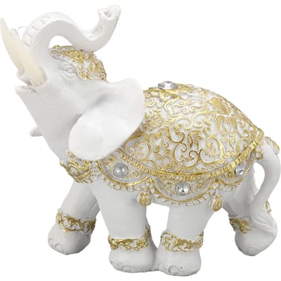 Statue d'Éléphant Résine Blanche Mignon Sculpture d'Éléphant Porte-Bonheur pour Entrée Étagère Bureau d'Ordinateur Maison M(315 X 180mm / 12.4 X 7.09in)