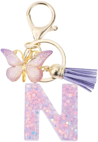 Dailygoods- Sleutelhanger met letter N - Vlinder Sleutelhanger - Cadeau voor Vrouwen - Hars/Legering - Totale Lengte 9,3 cm - Kwastlengte 4 cm - Sleutelhanger Voor Meisjes