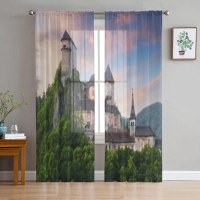 Slowakije Kasteel bij Zonsondergang Tule Transparante Gordijnen voor Woonkamer de Kamer Slaapkamer Keuken Decoratie Voile Organza Gordijnen 135W x 114H(cm) gray