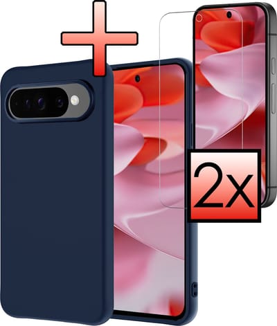 Hoesje - Met 2x Screenprotector - Geschikt voor Google Pixel 9 Pro - Sterk & Shockproof - Back Cover - Siliconen Case - Telefoon Hoes - Donkerblauw