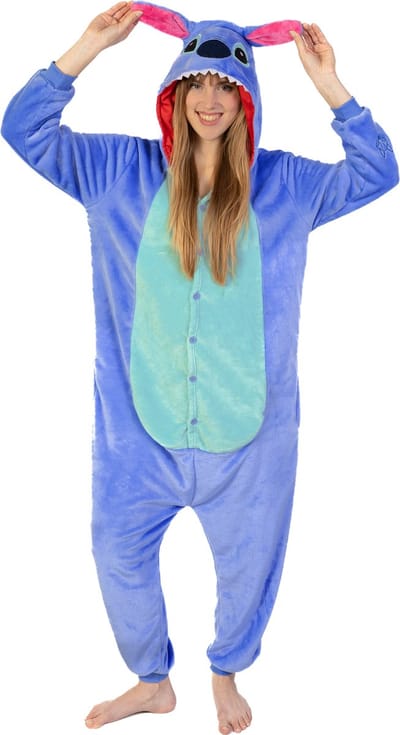 KIMU® Onesie Stitch Pak - Maat M-L of 170-176 - Monster Jumpsuit Huispak Fleece Pyjama Volwassenen Dames Heren Blauw Monstertje Alien Festival