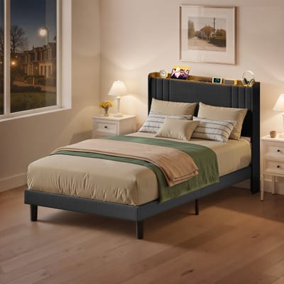 Xbro Gestoffeerd Bed 120 x 200 cm – met LED-Verlichting & USB/Type-C Oplaadpoort – Tweepersoonsbed met Hoofdbord en Lattenbodem – Grijs