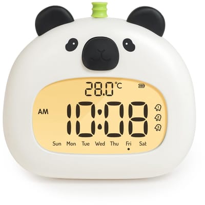 Ynkkvre - Panda-vormige kinderwekker met nachtlampje - 8 cm LED-digitaal display, drie alarmen en datumweergave - 1 stuk - kinderkamerdecoratie, zwart