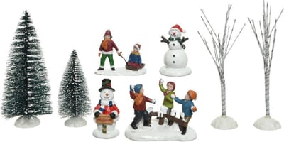 8x stuks kerstdorp accessoires figuurtjes/poppetjes en kerstboompje - Kerstdorp onderdelen kerstversiering