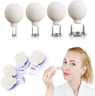Set van 4 glazen gezichtscuppingsets | Siliconen vacuümzuiging | Cuppingmassagetherapie | Een set voor anti-cellulitis, anti-rimpel en een direct tijdloze huid | Voor ogen, gezicht en lichaam (wit) - Cyslmuk®
