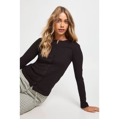 boohoo Dames Top met lange mouwen in geribbelde stof met doorlopende knopen | Zwart | Maat: 38