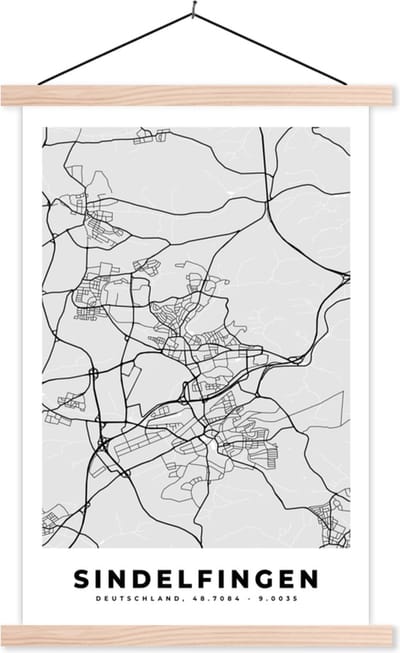 Posterhanger incl. Poster 40x60 cm - Schoolplaat - Plattegrond - Duitsland - Sindelfingen - Stadskaart - Kaart - Textielposter - Blanke latten - Stadskaart