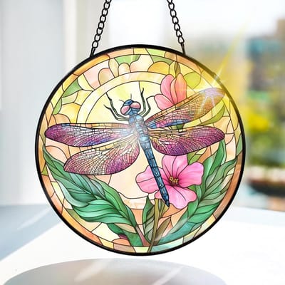 Kleurrijke glazen zonvanger met libelle - Bloemmotief voor raamdecoratie en deurversiering - Uniek cadeau voor thuis en interieur - 20x20 cm met ketting en haak