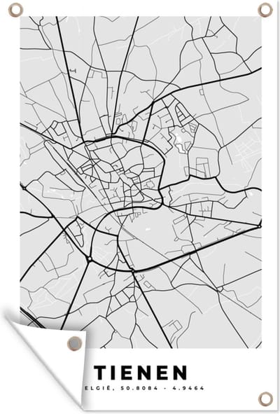 Muurdecoratie Zwart Wit – België – Plattegrond – Stadskaart – Kaart – Tienen - 120x180 cm - Tuinposter - Tuindoek