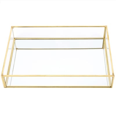 Vintage Metalen Glas Opbergdoos Gouden Dienblad Sieraden Cosmetica Displaydozen (Grote maat) beige