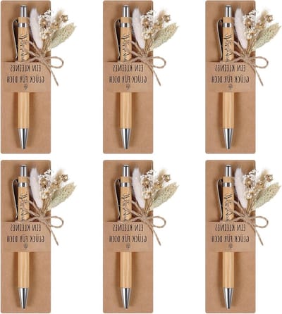 Houten balpen met gravure en gedroogde bloemen, inclusief papierhouder voor afscheidscadeau voor leraar, collega of vriend (6 sets)