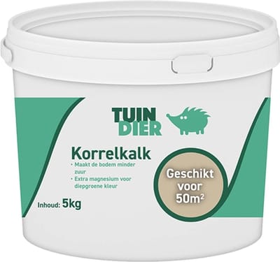 Korrelkalk | TUIN-DIER® | Korrel kalk | Kalk gazon, planten en moestuin | In handige bewaaremmer | 5.000 gram | 5 kilogram