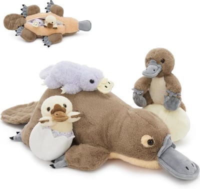 Vogelbekdier Teddy met baby's erin, levensechte knuffel vogelbekdier gevuld dier pluche zacht speelgoed, Kawaii voor kinderen, meisjes, jongens, verjaardagsdecoratie (55 cm)