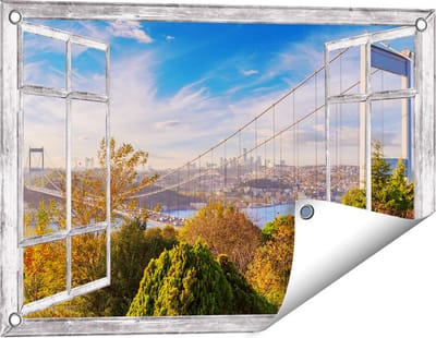 Gards Tuinposter Doorkijk Bosphorus Brug in Instanbul - 60x40 cm - Tuindoek - Tuindecoratie - Wanddecoratie buiten - Tuinschilderij