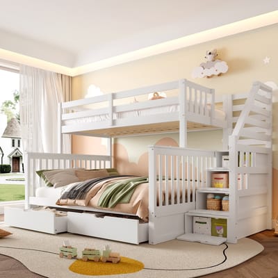 Stapelbed 90x200 cm + 140x200 cm - Met Lades En Opbergruimte - Multifunctioneel - Hout - Wit