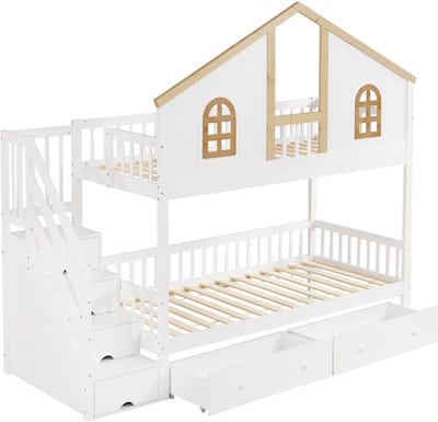 Wishdor Stapelbed 90x200 cm - Ramen & Valbeveiliging - 2 Laden & Opbergtrap - Wit/Naturel Hout - EN747