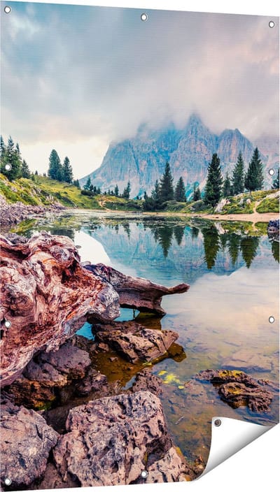 Gards Tuinposter Meer met Rotsen in de Alpen Bergen - 80x120 cm - Tuindoek - Tuindecoratie - Wanddecoratie buiten - Tuinschilderij