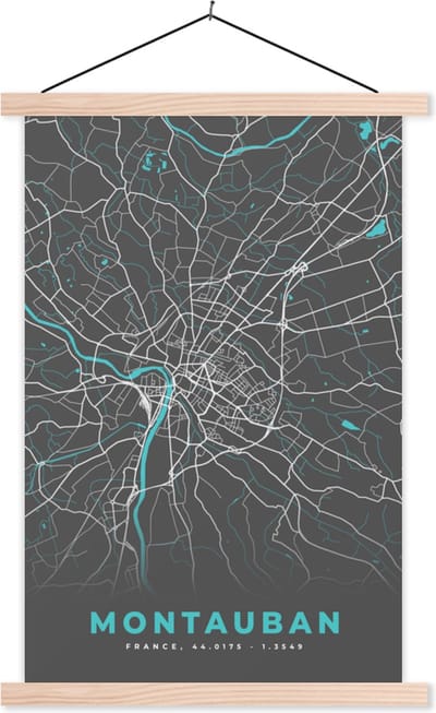 Posterhanger incl. Poster 40x60 cm - Schoolplaat - Montauban - Frankrijk - Plattegrond - Kaart - Stadskaart - Textielposter - Blanke latten - Stadskaart