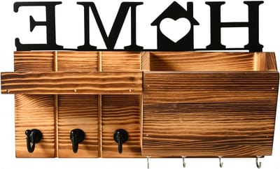 Retro Wandplank met Haken, Houten Sleutelhanger voor Hal, Kledingkast en Decoratieve Plank met Verwijderbare Inscription, Landelijke Houtlook en Functioneel Ontwerp