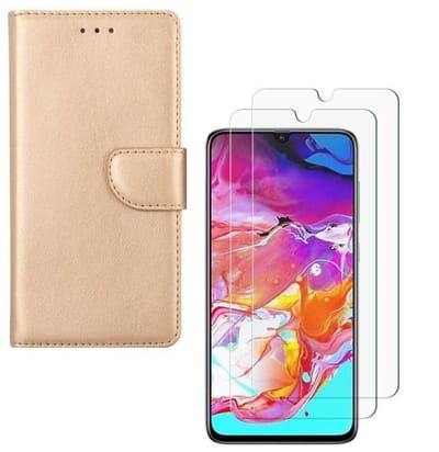 hoesje Geschikt voor: Samsung Galaxy A70 / A70S Portemonnee Goud met 2 stuks Glas Screen protector