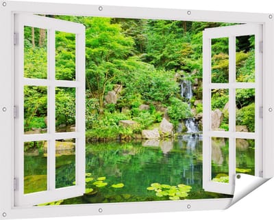 Gards Tuinposter Doorkijk Panorama van Japanse Tuin - 150x100 cm - Tuindoek - Tuindecoratie - Wanddecoratie buiten - Tuinschilderij