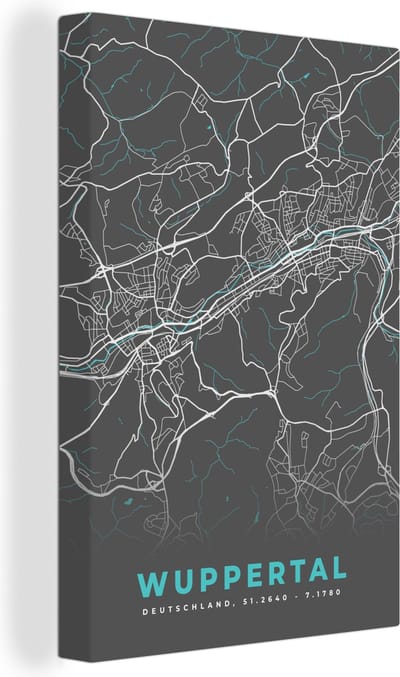 Canvas Schilderij Wuppertal – Stadskaart – Blauw – Plattegrond – Stadskaart – Kaart - Duitsland - 20x30 cm - Wanddecoratie